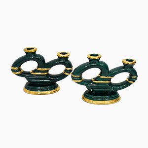 Mid-Century Green & Gold Candleholders, Set of 2