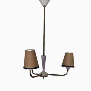 Lampada da soffitto vintage a 3 braccia viola, bianca, beige e ottone, anni '60