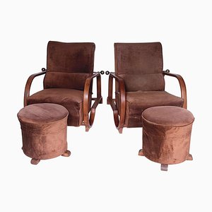 Art Deco Armchairs with Footstools, 1920s, Set of 4