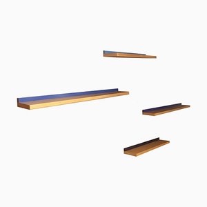 Minimalist Beech and Blue Lacquer Floating Shelves, 1980s, Set of 4