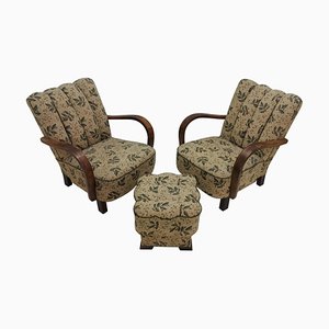 Art Deco Armchairs with Footstool by Jindrich Halabala, 1930s, Set of 3