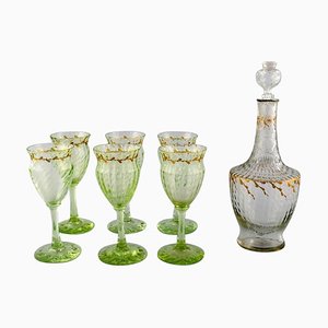 Bicchieri da vino e calice in vetro artistico di Emile Gallé, set di 7