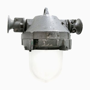Lampe à Suspension Industrielle Vintage en Métal Gris et Verre Transparent