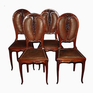 Antike Jugendstil Esszimmerstühle aus Mahagoni & Leder, 4er Set
