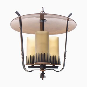 Mid-Century Pendant Lamp in Copper and Satinized Cylindrical Glass, 1950s