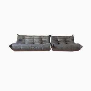 Sofá Togo de 2 y 3 plazas de terciopelo gris elefante de Michel Ducaroy para Ligne Roset. Juego de 2