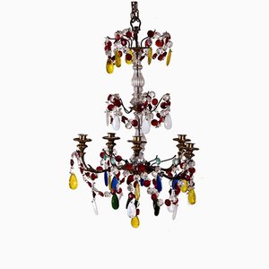 19th Century French Chandelier with Colored Glass and Bronze