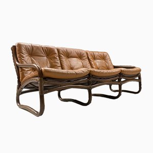 Italienisches 3-Sitzer Sofa aus Bambus, Rattan & Leder, 1960er