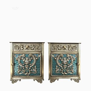 Antike Louis XVI Vitrine Nachttische aus Bronze mit grünen Glastüren und Schublade, 2 . Set