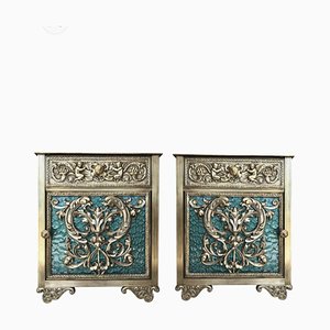 Antique Louis XVI Bronze Vitrine Nightstands with Green Glass Doors and Drawer, Set of 2