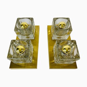 Brass and Frosted Ice Glass Cube Flush Mounts from Peill & Putzler, 1970s, Set of 2