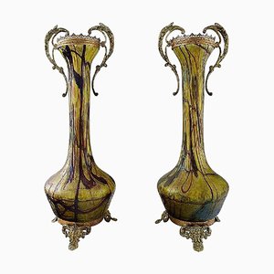 Large Art Nouveau Art Glass Vases with Bronze Fittings, 1900s, Set of 2