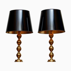 Large Swedish Brass Spherical Table Lamps with Black Shades, 1950s, Set of 2