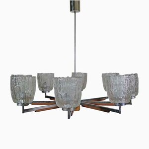 Large Mid-Century Teak and Frosted Glass Chandelier, 1960s