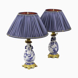 Lampes de Bureau en Faïence Bleue et Blanche et Bronze Doré, 1880s, Set de 2