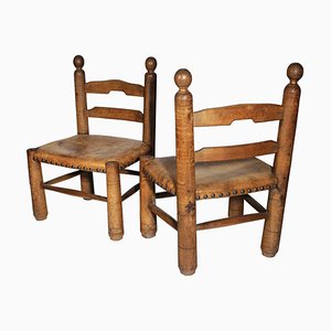 Set of Low Leather and Wood Chairs, 1930s