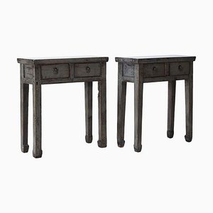 Tavolini antichi grigi con 2 cassetti, set di 2