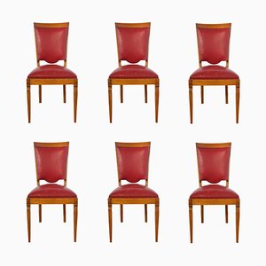 Französische Mid-Century Esszimmerstühle mit rotem Leder, 1960er, 6er Set
