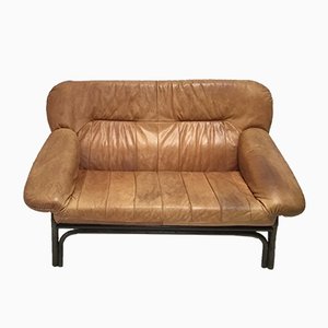 Mid-Century Brown Leather and Bamboo Frame Sofa, 1970s