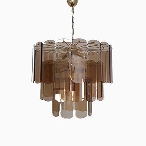 Large Vintage German Gilded Metal and Smoked Glass Ceiling Lamp from Wortmann & Filz, 1970s