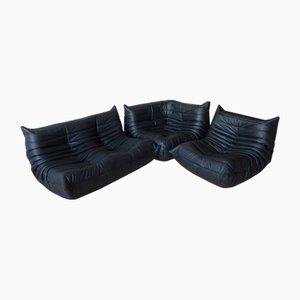 Black Leather Togo Corner Seat, Lounge Chair & 2-Seat Sofa Set by Michel Ducaroy for Ligne Roset, 1970s