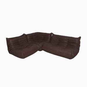 Dunkelbrauner Togo Ledersessel, Ecksofa & 2-Sitzer Sofa von Michel Ducaroy für Ligne Roset, 3er Set