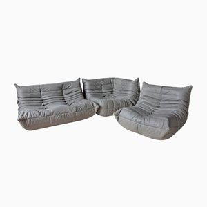 Gray Leather Togo Corner Sofa, Corner Seat & Lounge Chair Set by Michel Ducaroy for Ligne Roset, 1970s, Set of 3