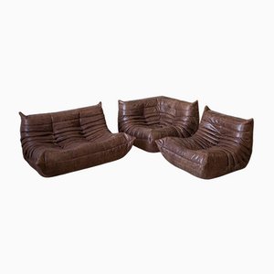 Dubai Brown Leather Togo Corner Seat, Lounge Chair & 2-Seat Sofa Set by Michel Ducaroy for Ligne Roset, 1970s, Set of 3