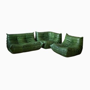 Dubai Brown Leather Togo Corner Seat, Lounge Chair & 2-Seat Sofa Set by Michel Ducaroy for Ligne Roset, 1970s