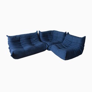 Blauer Togo Sessel, Ecksessel und 2-Sitzer Sofa aus Mikrofaser von Michel Ducaroy für Ligne Roset, 3er Set
