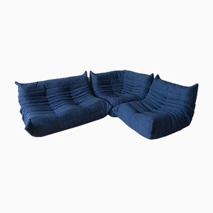 Blue Microfiber Togo Lounge Chair, Corner Chair and 2-Seat Sofa by Michel Ducaroy for Ligne Roset, Set of 3