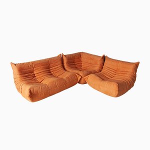 Orangefarbenes Togo Ecksofa, Sessel & 2-Sitzer Sofa Set aus Mikrofaser von Michel Ducaroy für Ligne Roset, 1970er