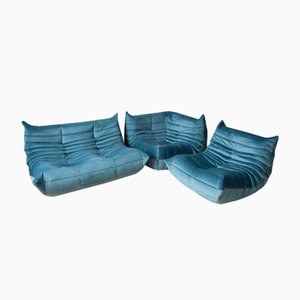 Blue Togo Corner Seat, Lounge Chair & 2-Seat Sofa Set by Michel Ducaroy for Ligne Roset, 1970s, Set of 3