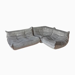 Elephant Grey Velvet Togo Lounge Chair, Corner Chair and 2-Seat Sofa by Michel Ducaroy for Ligne Roset, Set of 3