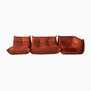 Orange Velvet Togo Corner Seat, Lounge Chair & 2-Seat Sofa Set by Michel Ducaroy for Ligne Roset, 1970s, Set of 3