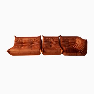 Amber Orange Velvet Togo Lounge Chair, Corner Chair and 2-Seat Sofa by Michel Ducaroy for Ligne Roset, Set of 3