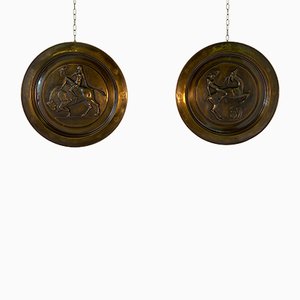 Art Deco Italian Decorative Brass Plates, 1940s, Set of 2