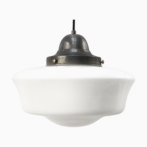 Mid-Century White Opaline Glass and Metal Pendant Lamp