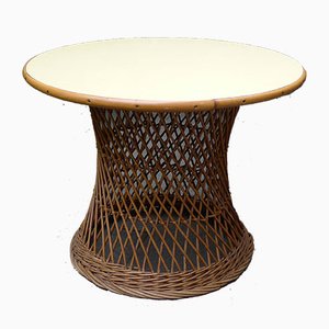 Table de Jardin Mid-Century Ronde en Bambou et Osier avec Plateau Jaune