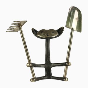 Brass Cat with Cactus Tool by Walter Bosse for Herta Baller, Vienna, 1950s