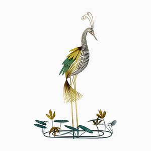 Hollywood Regency Messing Wand Skulptur Silberner Heron Vogel von Curtis Jere für Artisan House, 1987