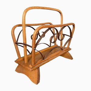 Vintage Wood and Brass Magazine Rack, 1930s