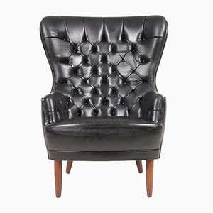 MId-Century Wingback Chair in Patinated Leather, Denmark, 1950s