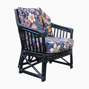 Sillón italiano de bambú negro y tela floral de Vivai del Sud, años 70