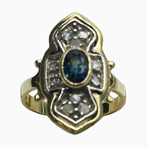 Blue Sapphire Diamond Gold Cocktail Ring, 1980s