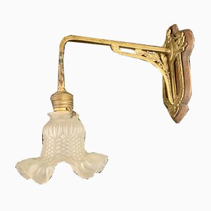 Antique Art Nouveau Brass and Wood Sconces, Set of 2