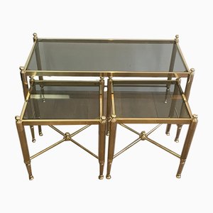 French Tripartite Brass Coffee Table & Nesting Tables, Set of 3