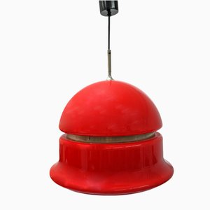Space Age Acrylic Glass Pendant Lamp in Deep Red Color with Nickel Side Line, 1960s