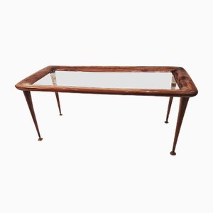 Mahogany and Glass Coffee Table with Brass Feet in the Style of Paolo Buffa, Italy, 1950s