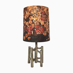 Große Skulpturale Keramik Tischlampe mit Batik Lampenschirm, 1960er